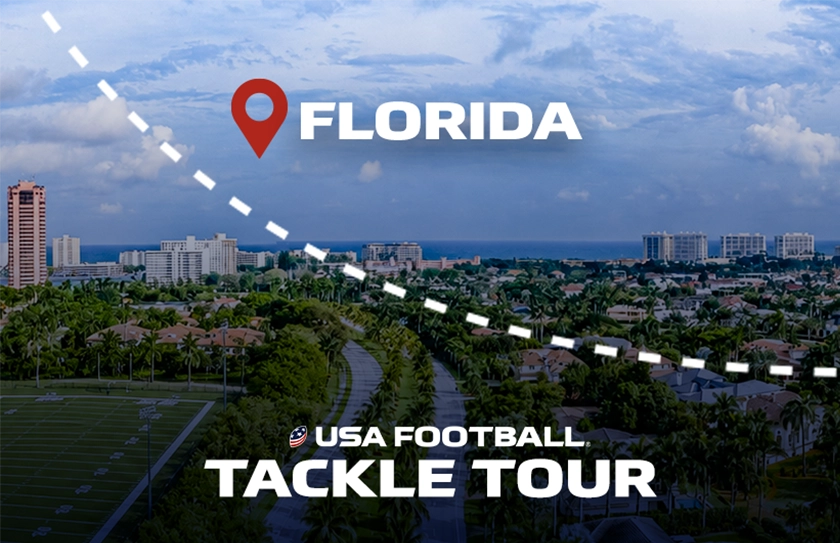 Southwest coastal Florida football field and neighborhood with USA Football Tackle Tour text overlaying an ocean skyline view.