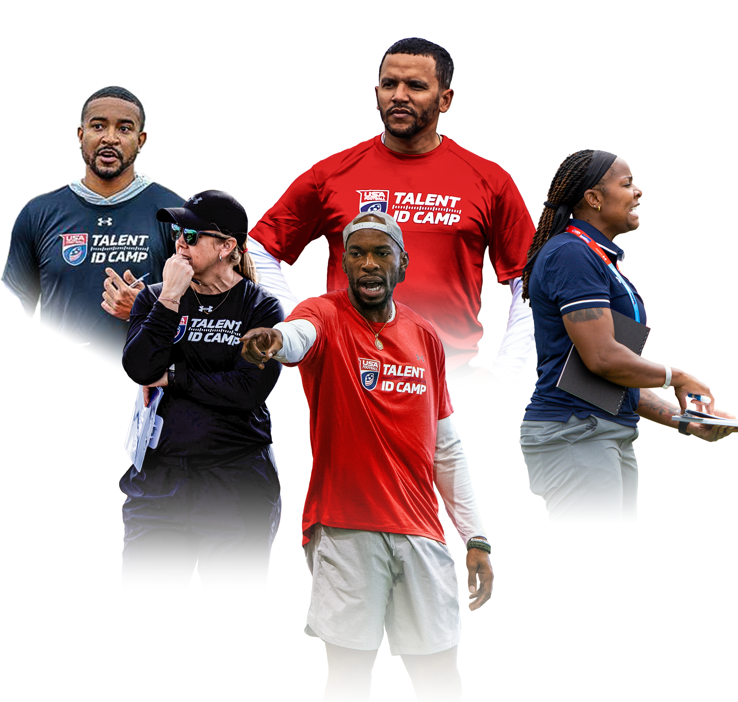 A collage of men and women flag football coaches.