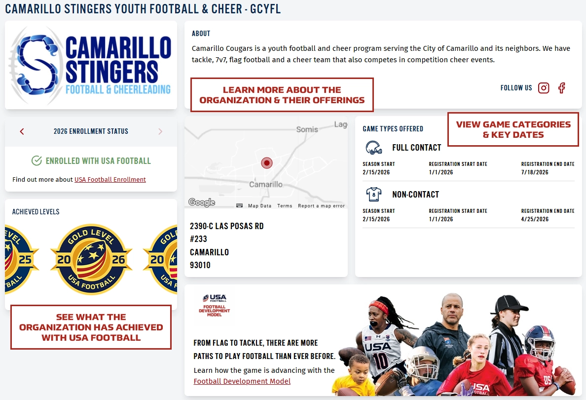 Youth football league account dashboard screenshot for Camarillo Stingers Youth Football and Cheer showing USA Football Gold Level achievement status, game categories, registration dates, and organization address.