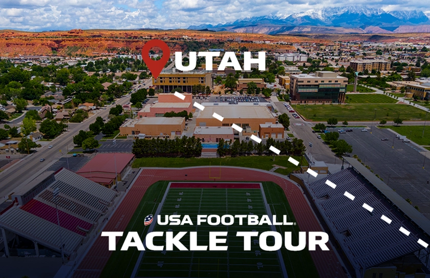 Aerial view of a football field in Utah with USA Football Tackle Tour text overlaying mountains and city landscape.