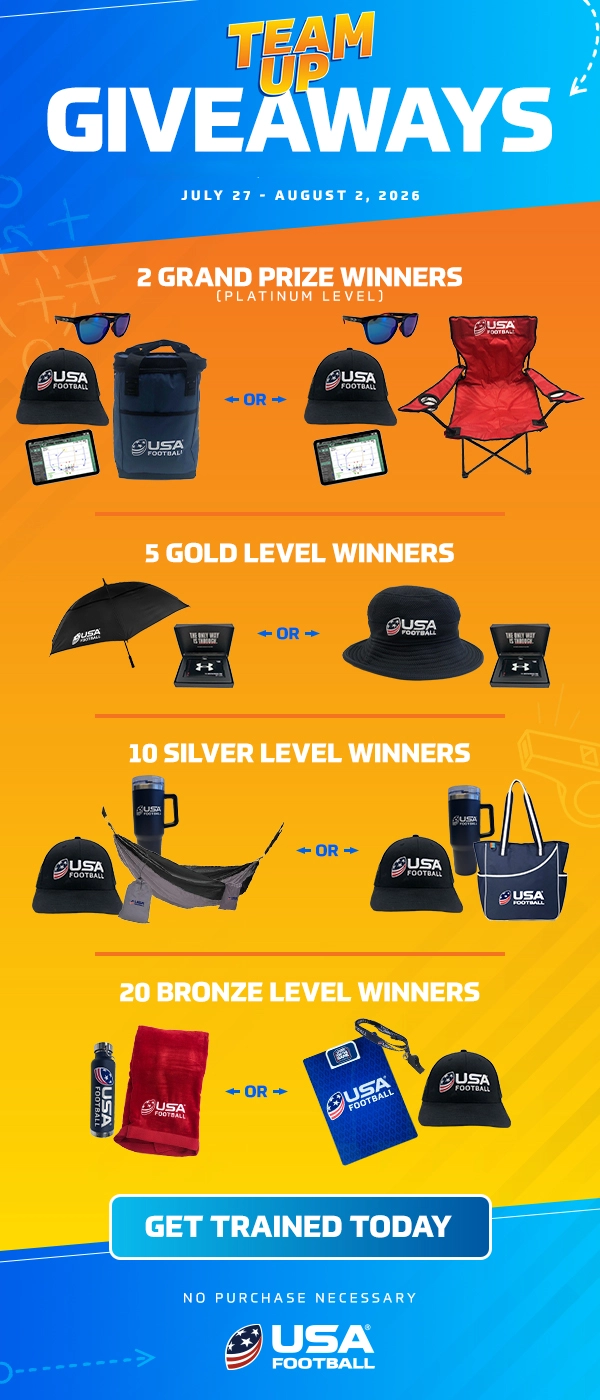 USA Football Team Up Giveaways infographic detailing prize tiers from July 27 to August 2, 2026.