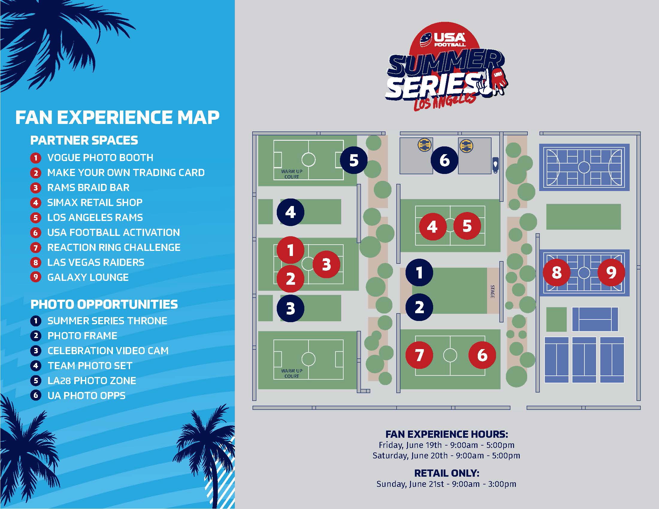 USA Football Summer Series Los Angeles fan experience map detailing partner spaces, photo opportunities, and daily event hours.