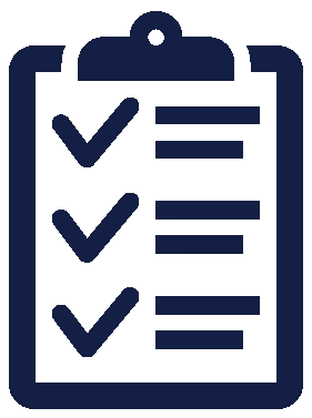 A clipboard with check marks and scribble icon in navy blue.